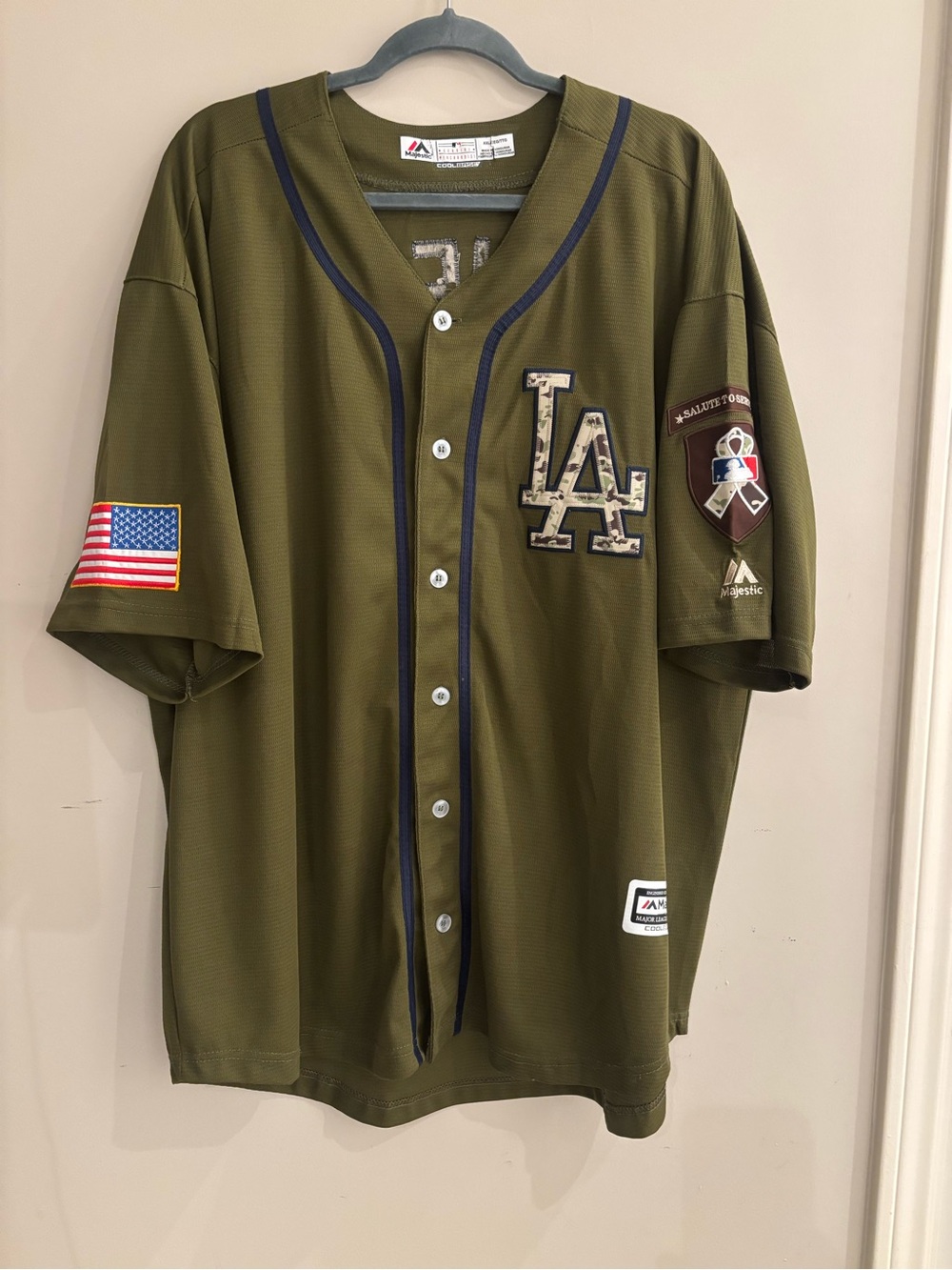 Majestic Olive Green LA Dodgers Military Patch Baseball Jersey